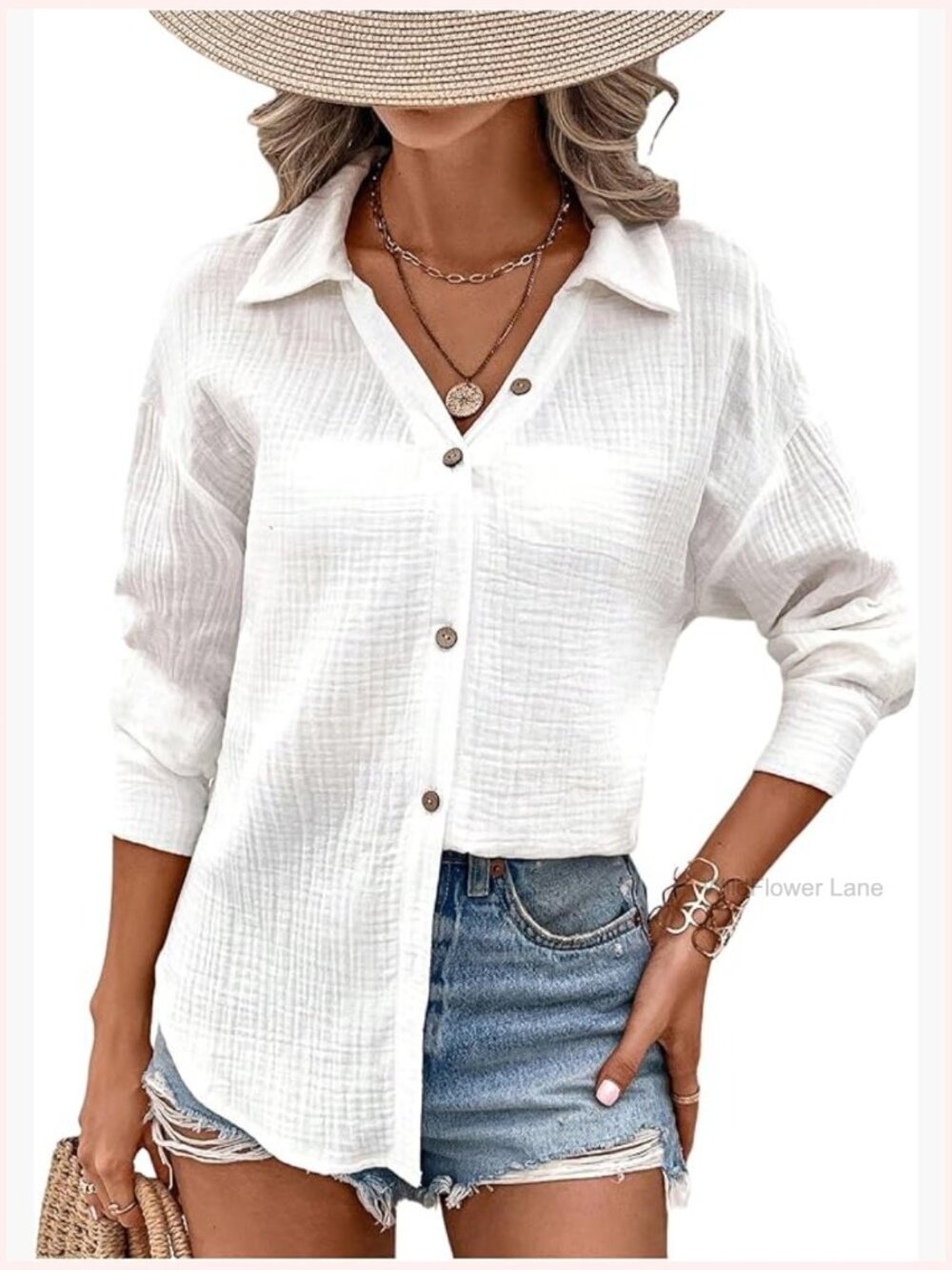 Button Down Tunic Shirt Long Sleeve Split Hem Travel Blouse